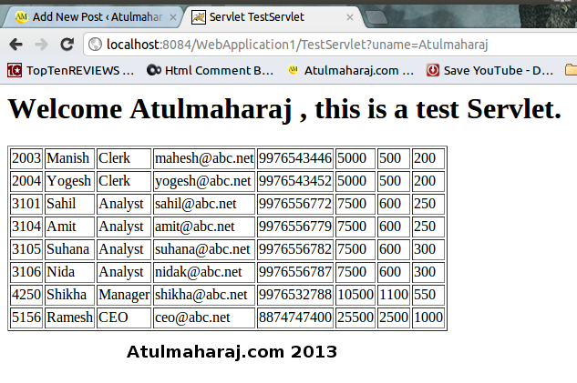 Sample Servlet Program using JDBC.