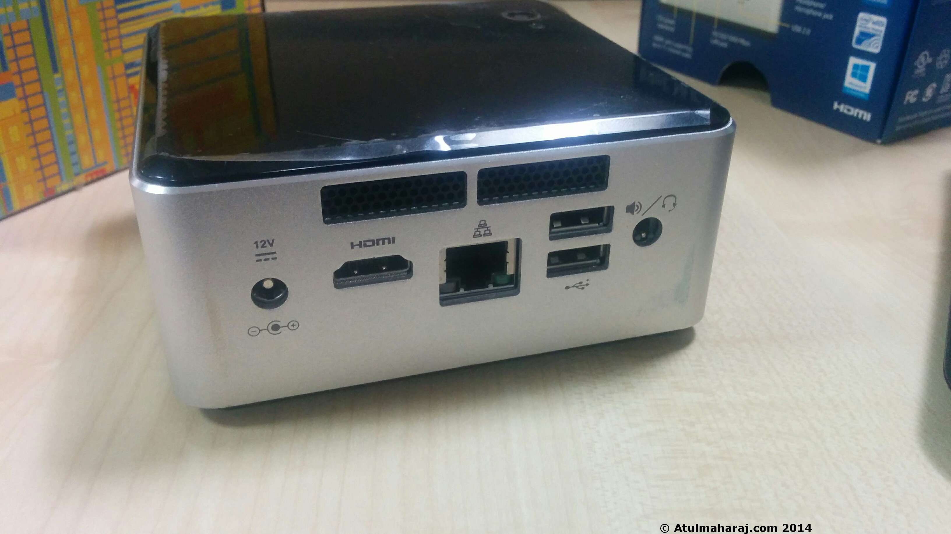 Intel DN2820FYKH Rear side: USB 2.0 ports, power socket, RJ-45 LAN port, HDMI Port and Headphone/Mic jack. Courtesy: Atulmaharaj