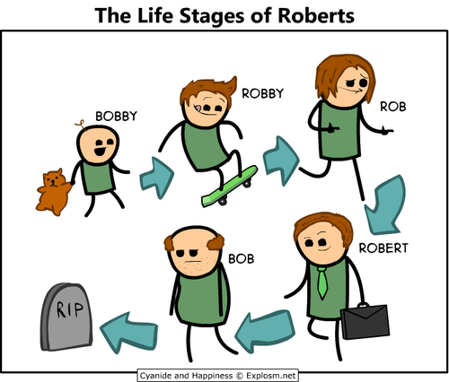 Life Stages of Robert ! Courtesy Cyanide and Happiness.