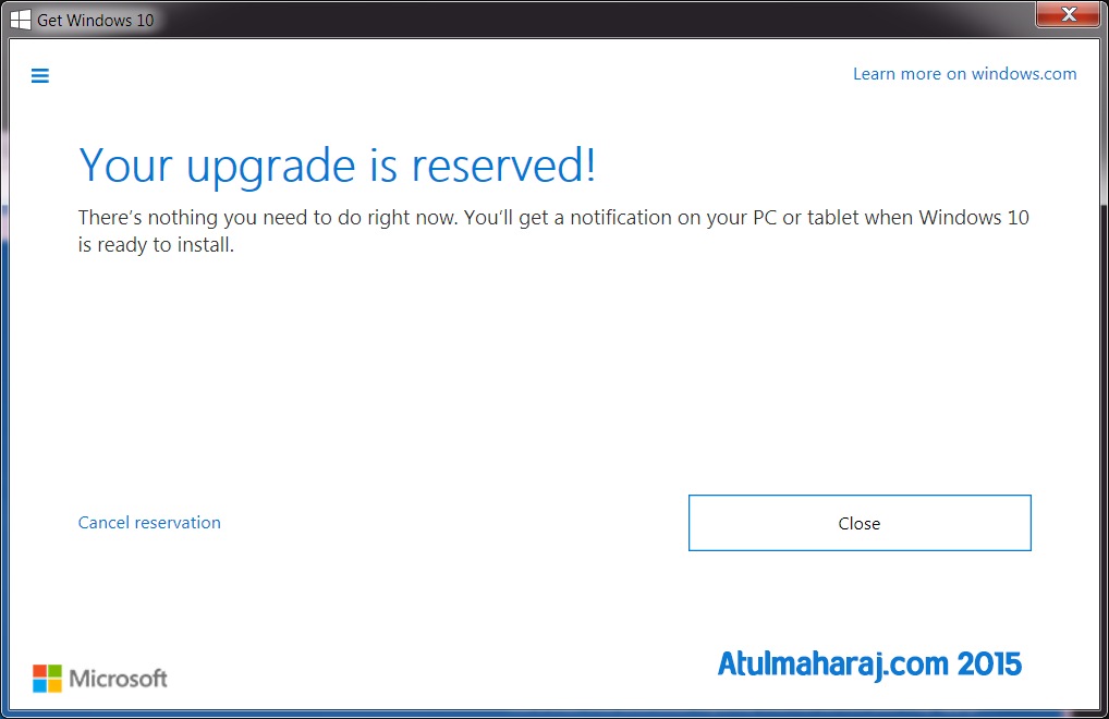 Get Windows 10 confirmation. Courtesy: Atulmaharaj.com