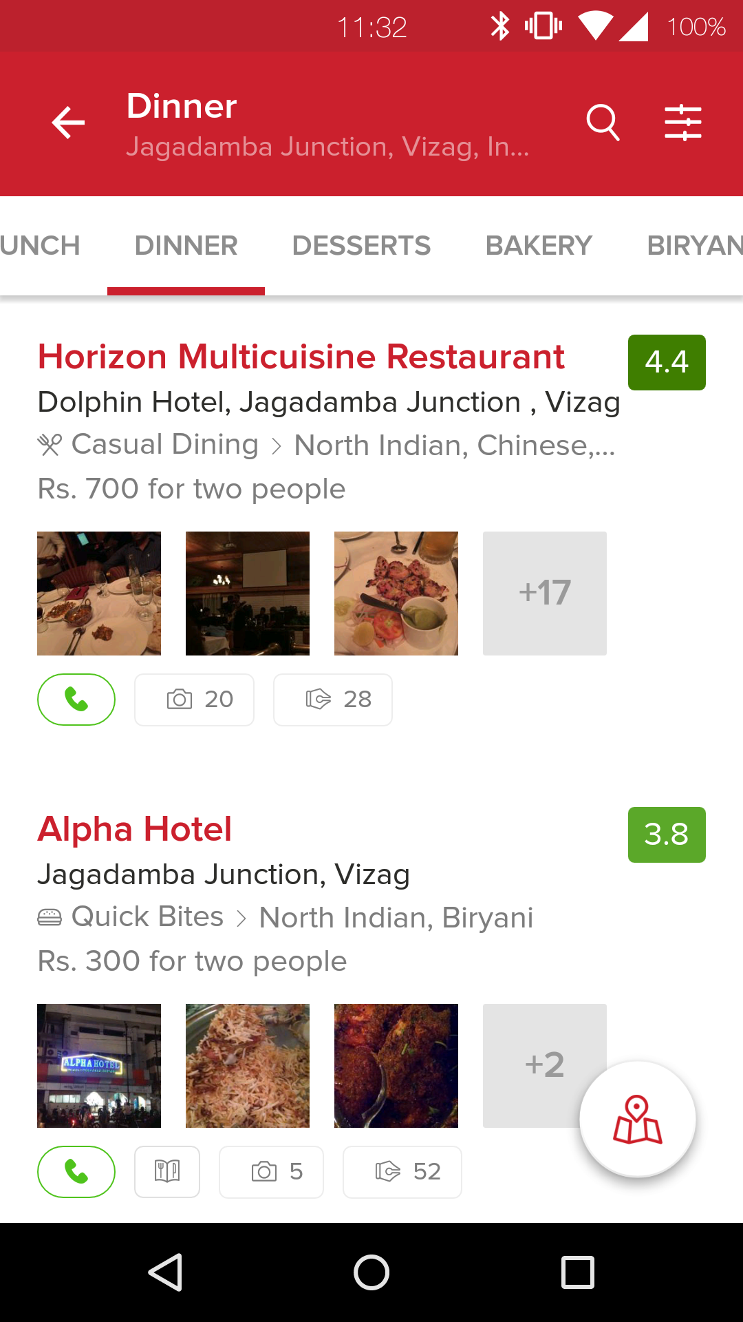 Zomato tells me the best restaurants at Jagadamba Junction, Visakhapatnam.