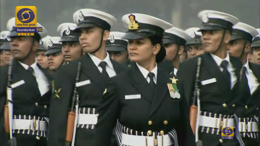 Indian Coast Guard contingent with a woman lead at Republic Day Parade. Image Courtesy: Doordarshan