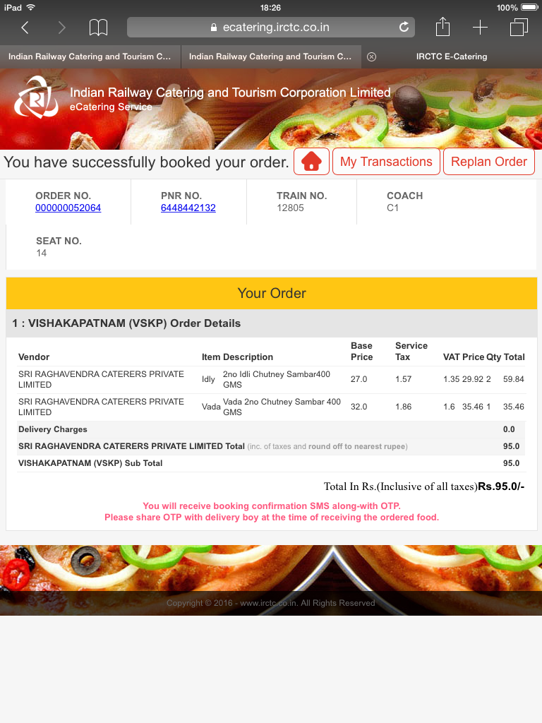 IRCTC's fantastico online food ordering facility