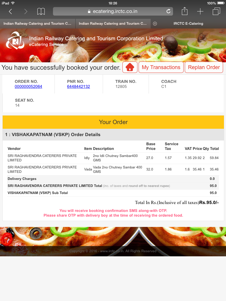 IRCTC's online food ordering service.