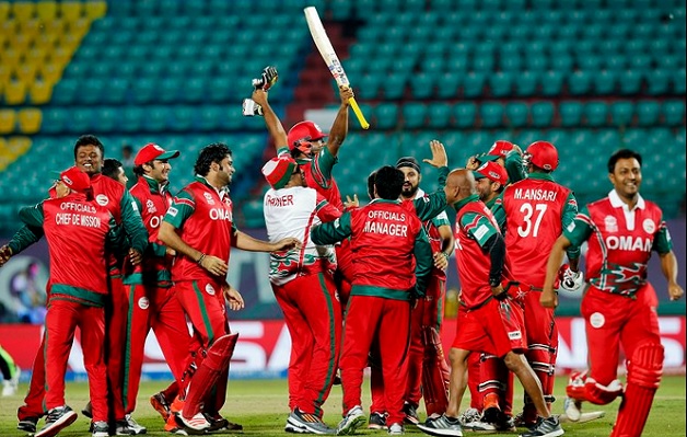 Oman celebrating their victory over Ireland. Image courtesy: @RyanK_Bailey on Twitter