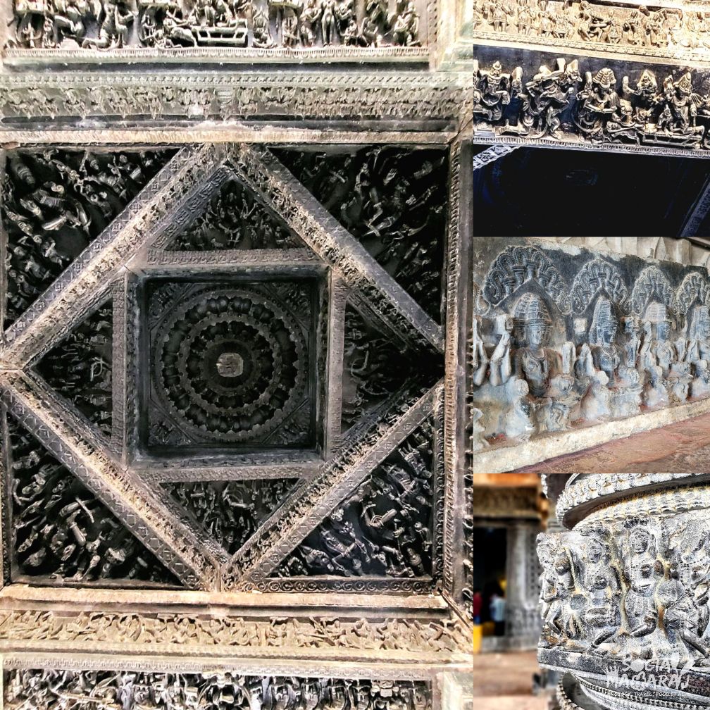 Ornate carvings on the ceiling of Ramappa Temple