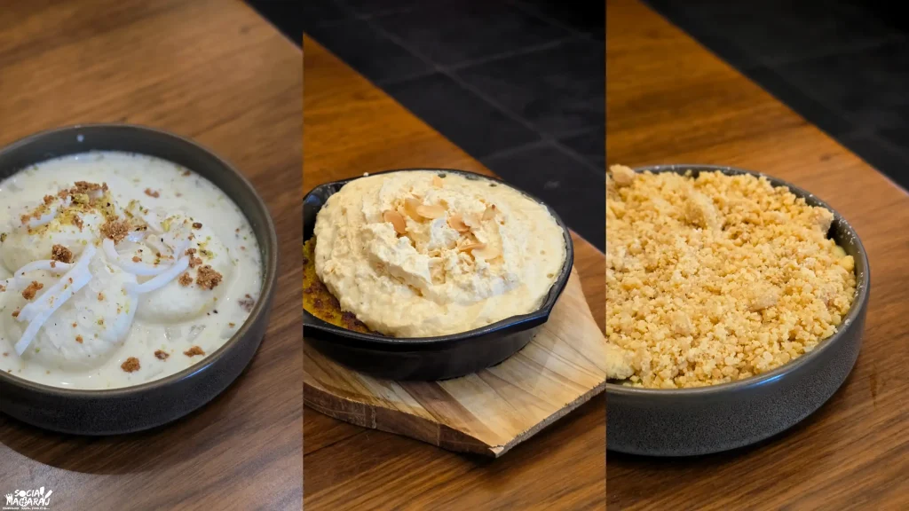 Delicious desserts at Theta Theta Telugu - Kobbari Ras Malai, Baked Milk Halwa, Mysore Pak Crumble